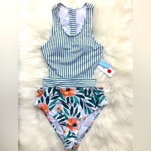 One-Piece Floral Orange Green Bathing Suit Size Medium